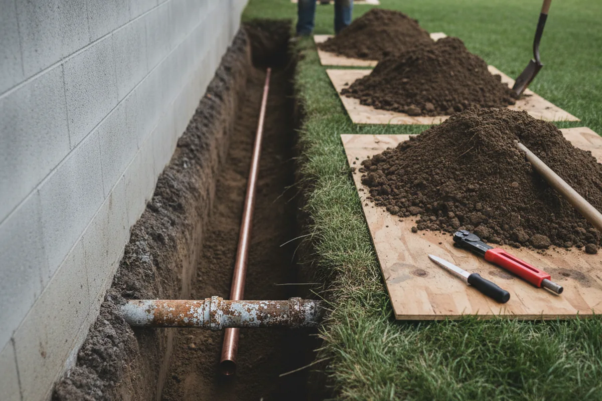 Excavated water line trench during Sewer Line Repair in Blue Creek